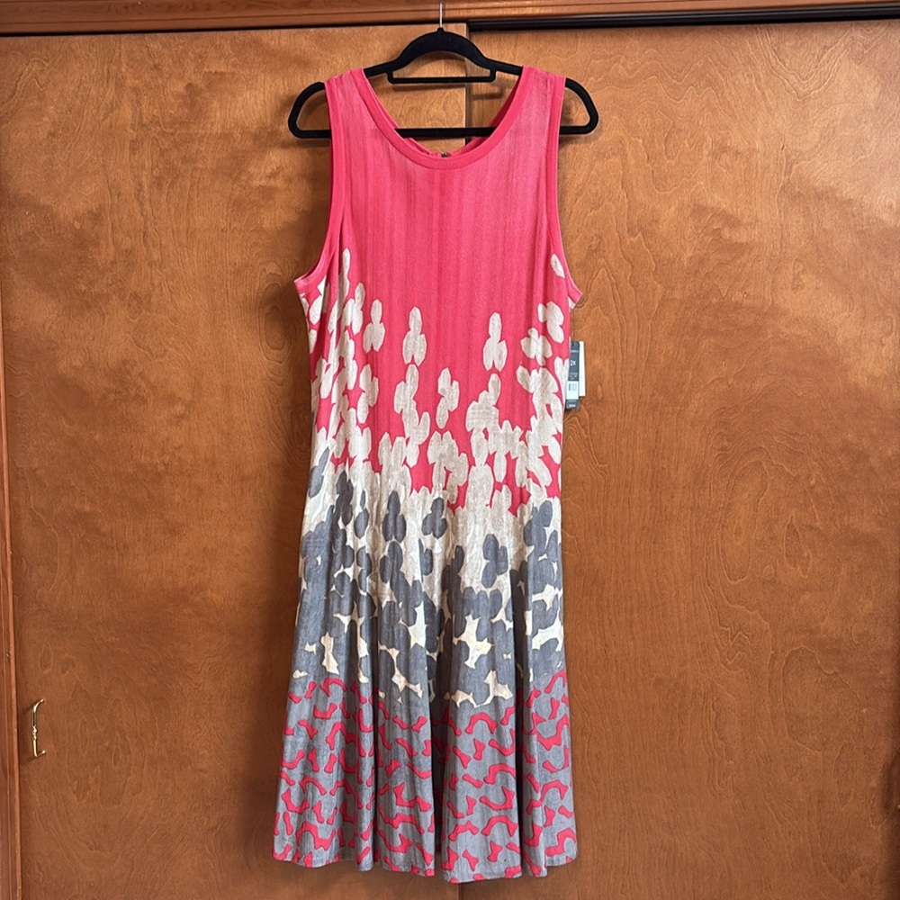 Nic and Zoe twirl dress, 2X, pink with hand painted grey and cream pattern.